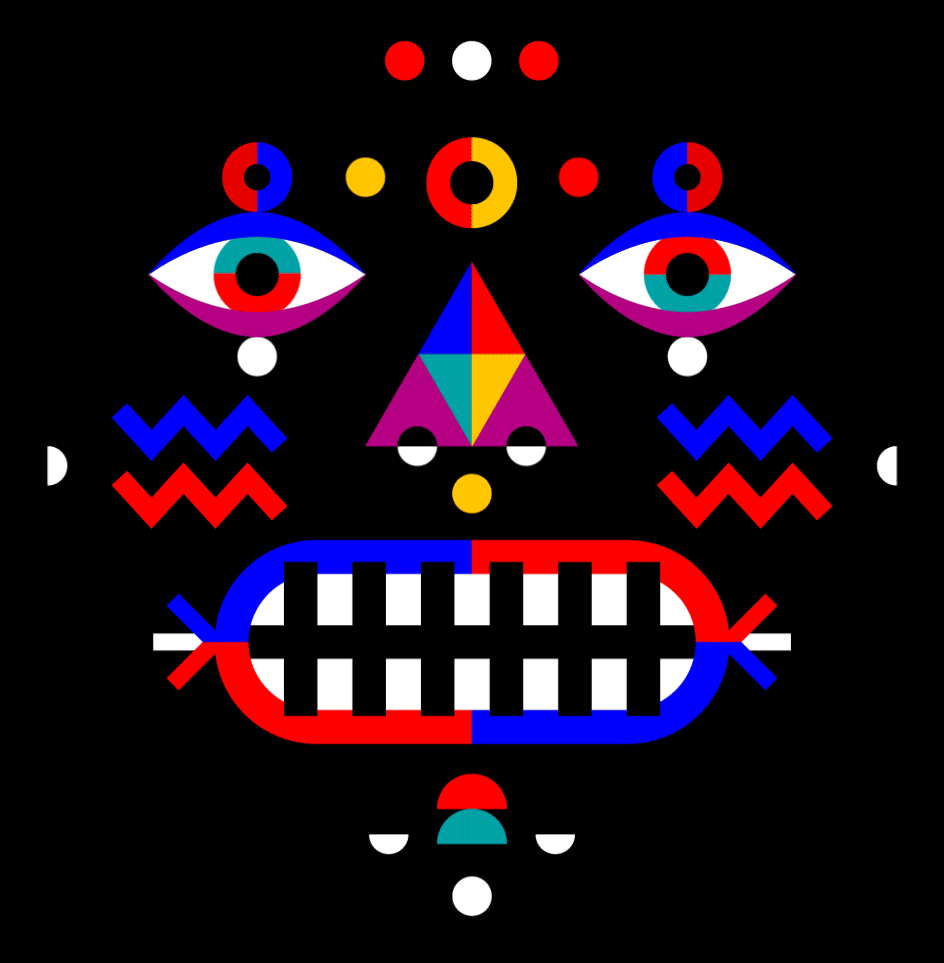 Illustration of a Su-Mu forest spirit wearing a fierce ritual mask to ward off evil spirits.